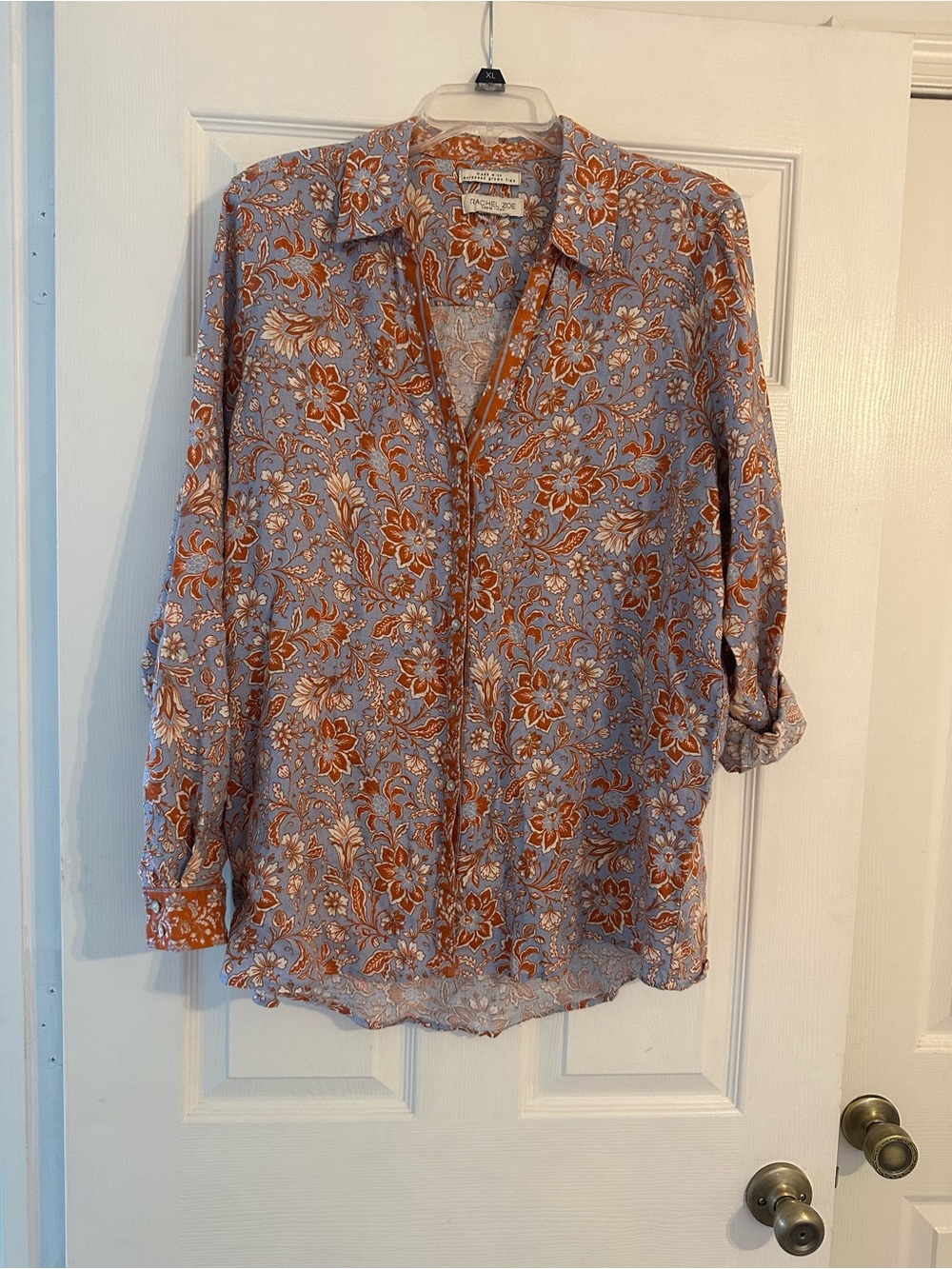 Light Blue & Rust Floral Button-Up Linen Blouse